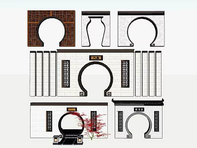 Traditional Chinese Scenic Wall Design With Circular Archway Brick Inscriptions And Red Maple Plant 3d model