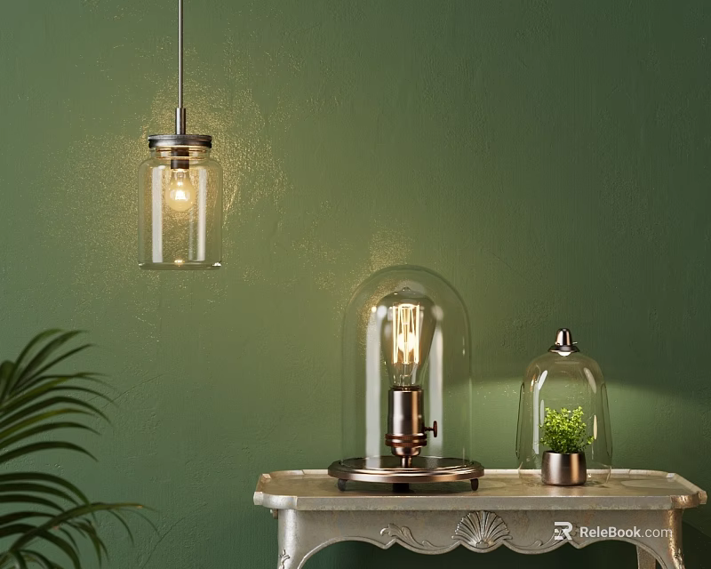 Elegant Glass Lamp Combinations Featuring Pendant And Tabletop Lamps Against Green Wall 3d model 