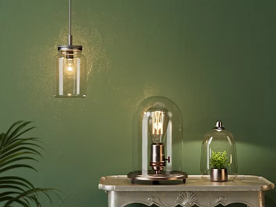Elegant Glass Lamp Combinations Featuring Pendant And Tabletop Lamps Against Green Wall 3d model