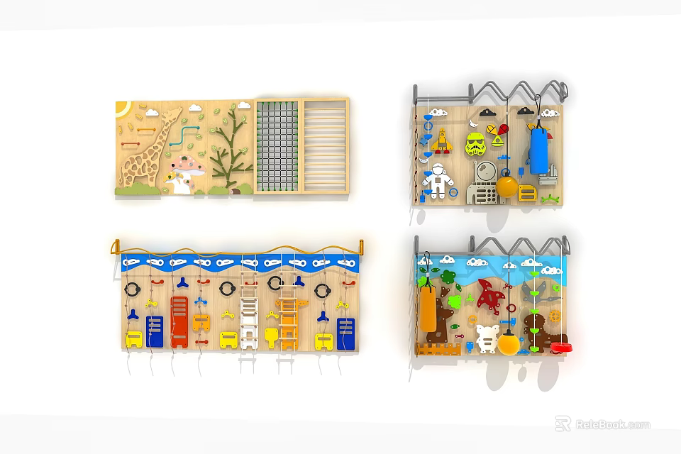 Wooden Wall Mounted Play Panels for Kids with Animal Transportation Tools and Giraffe Themes 3d model 