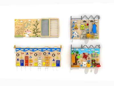 Wooden Wall Mounted Play Panels for Kids with Animal Transportation Tools and Giraffe Themes 3d model