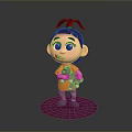 Cartoon Girl With Pigtails Holding Gray Cat On Purple Base In Gray Background