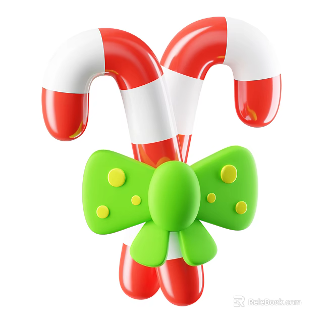 Festive Christmas Decorative Ornament Set With Red White Candy Canes And Green Bow 3d model 