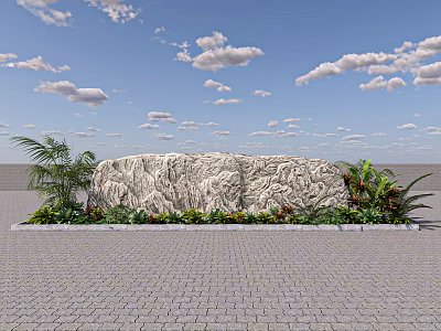 Large Stone And Wood Landscape With Green Plants In Outdoor Stone Paved Square 3d model