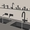 Modern Black Faucets Display Multiple Styles Installed on Sinks in Showroom with Flowing Water