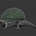 Prehistoric Reptile With Green Spiked Sail Back Gray Body And Shiny Surface