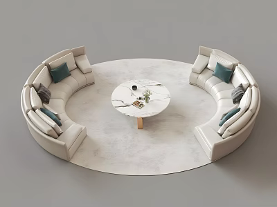 Modern Curved Light Colored Sofa With Cushions And Round Marble Top Coffee Table Set 3d model