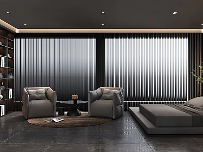 Modern Dark Bedroom Interior With Vertical Blinds Gray Armchairs Bed Bookshelf And Plant 3d model