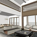 Modern Living and Dining Room Interior with Sofa Coffee Table Slatted Blinds and Large Windows