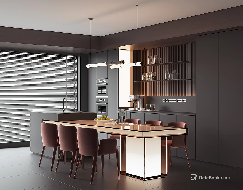 Modern Restaurant Interior Featuring Dark Gray Cabinets Long Dining Table Pink Chairs And Hanging Lights 3d model 