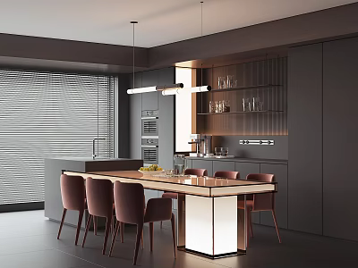 Modern Restaurant Interior Featuring Dark Gray Cabinets Long Dining Table Pink Chairs And Hanging Lights 3d model