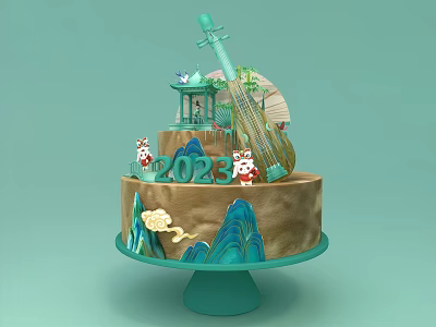 Traditional Chinese Two Tier Cake With Green Pipa Pavilion 2023 Tiger Decorations Mountain Patterns 3d model
