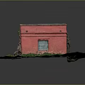 Red Vintage Building Featuring Gray Roof Grass Surroundings and Doors Windows
