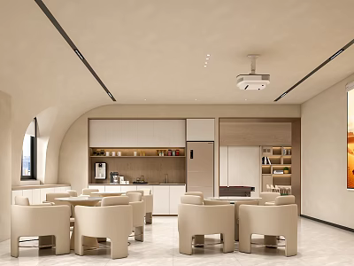 Modern Office Meeting Room With Round Tables Cabinets And Projector 3d model