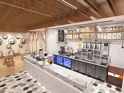 Cozy Dessert Shop Interior With Marble Counter And Seating Area 3d model