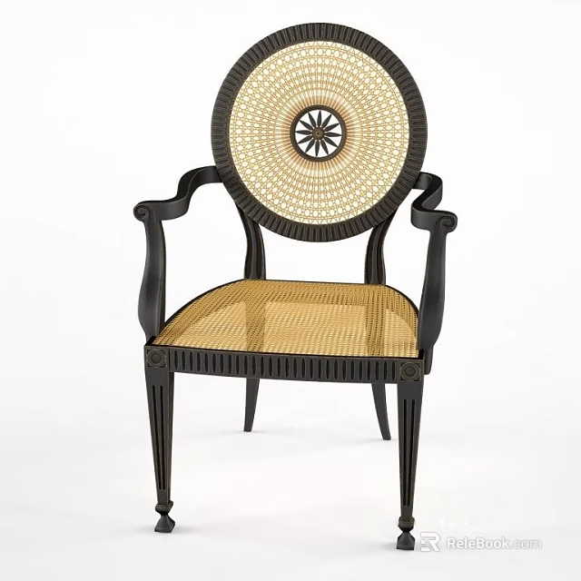 Vintage Armchair Featuring Round Rattan Backrest Black Armrests And Rattan Seat 3d model 