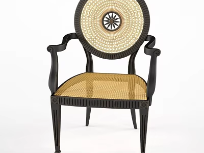 Vintage Armchair Featuring Round Rattan Backrest Black Armrests And Rattan Seat 3d model