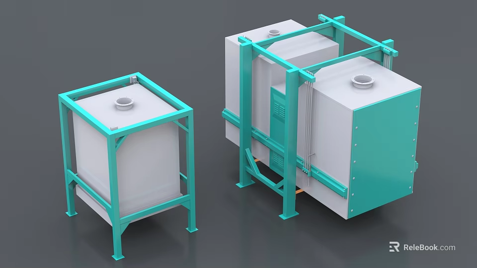 Dual Industrial Equipment Units With Green Support Frame White Container And Top Circular Opening 3d model 