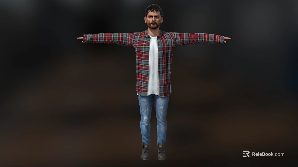 A Man in Plaid Shirt White T-Shirt and Blue Jeans with Arms Outstretched 3d model 
