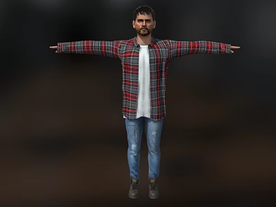 A Man in Plaid Shirt White T-Shirt and Blue Jeans with Arms Outstretched 3d model