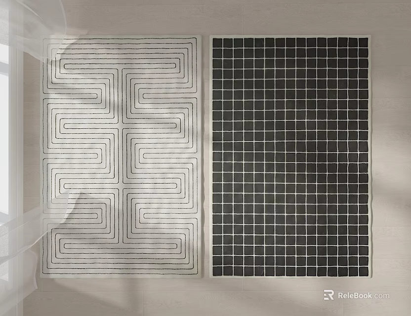Square Rugs with White Intricate Geometric Pattern and Black Grid Design 3d model 
