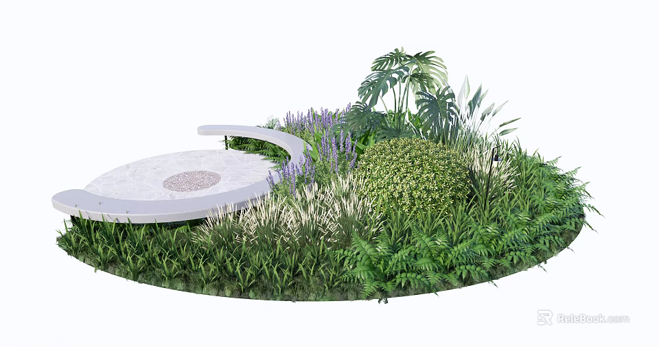 Lush Shrubs in Garden Landscape with Curved Path and Ornamental Plants 3d model 