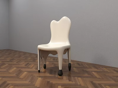 White Single Chair With Unique Backrest Design And Wheeled Legs On Herringbone Wooden Floor 3d model