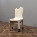White Single Chair With Unique Backrest Design And Wheeled Legs On Herringbone Wooden Floor