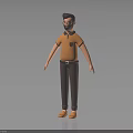 3D Male Character in Orange Polo Shirt and Brown Pants with Glasses on Gray Background
