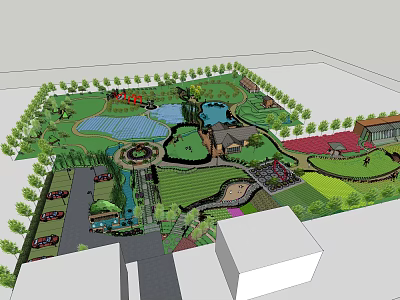 Garden Layout Design With Green Spaces Ponds Buildings Trees And Parking Areas 3d model