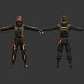 Two 3D Character And Creature Models In Futuristic Green Orange Suits Front Back Views