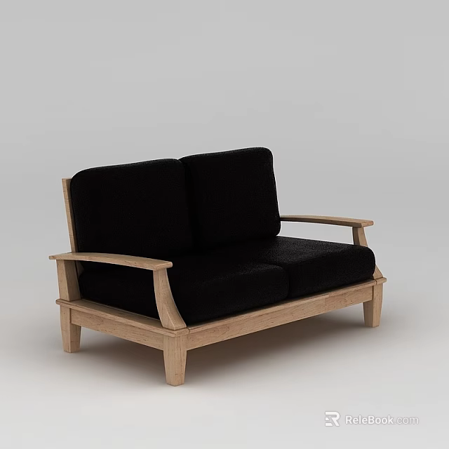 Simple Black Two Seater Sofa With Wooden Frame And Armrests 3d model 