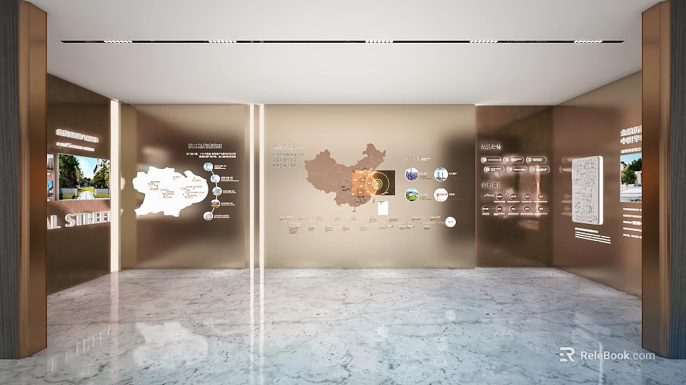 Exhibition Hall Interior With China Map Charts Text Descriptions And Marble Floor 3d model 