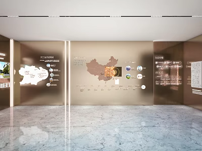 Exhibition Hall Interior With China Map Charts Text Descriptions And Marble Floor 3d model