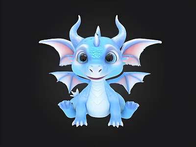 Cute Blue Baby Dragon With Horns Large Ears And Wings 3D Character 3d model