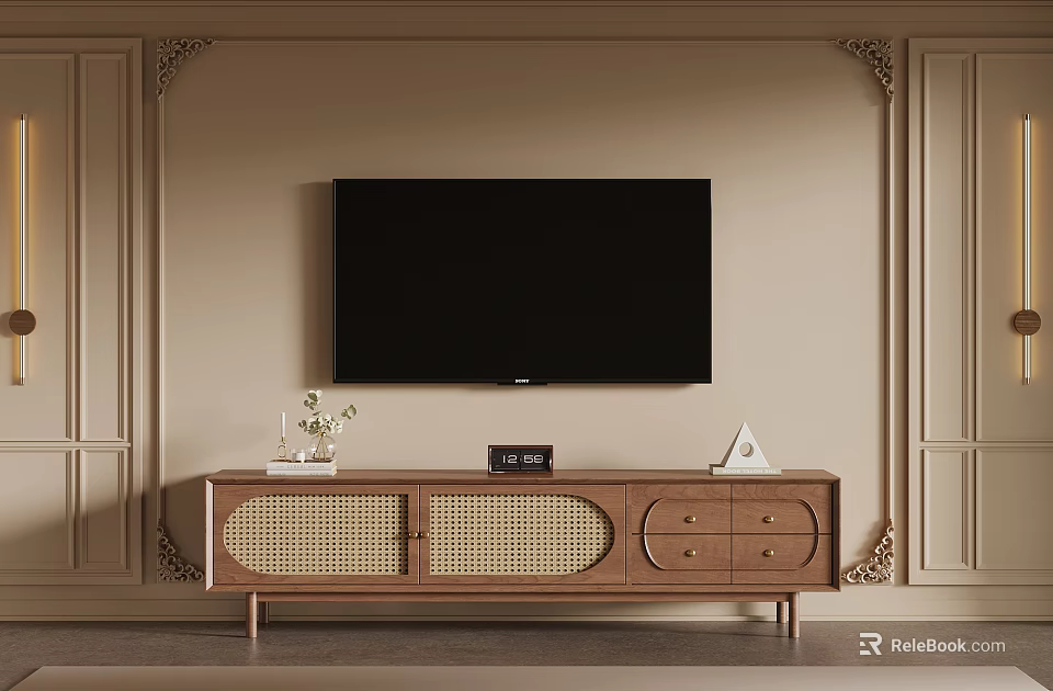 Elegant TV Wall Design With Wooden Panels And Decorative TV Stand 3d model 