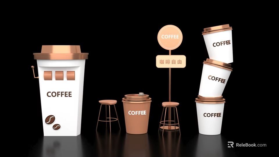 Stylish Coffee Setup With White Brown Cups Coffee Sign And Stools 3d model