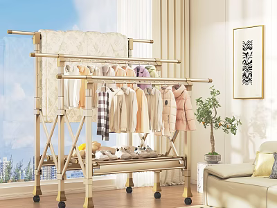 Sturdy Clothes Drying Rack With Hanging Clothes In Living Room Interior 3d model