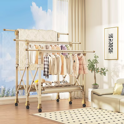 Sturdy Clothes Drying Rack With Hanging Clothes In Living Room Interior 3d model