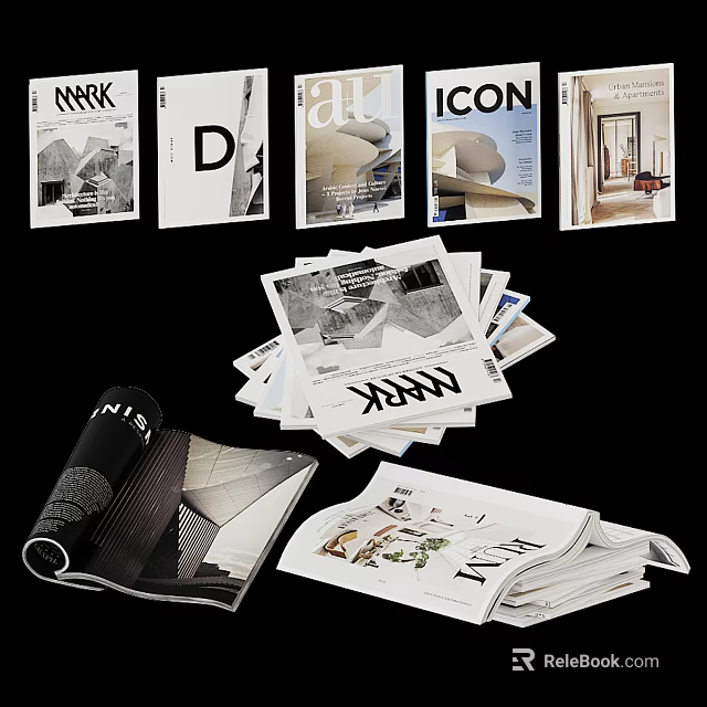 Stacked And Open Design Magazines With Various Covers And Interior Layouts 3d model 