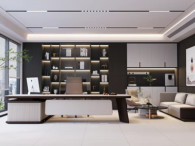 Elegant Modern Executive Office With Large Work Desk Illuminated Storage Shelves And Cozy Guest Lounge 3d model