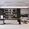 Elegant Modern Executive Office With Large Work Desk Illuminated Storage Shelves And Cozy Guest Lounge