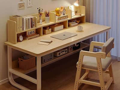 Wooden Study Desk With Bookshelf Books Laptop Mug And Comfortable Chair 3d model