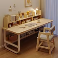 Wooden Study Desk With Bookshelf Books Laptop Mug And Comfortable Chair