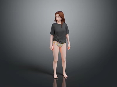 Woman In Gray T-shirt And Underwear Standing Barefoot Against Gray Background 3d model