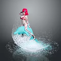 Woman with red hair wearing red white bikini headphones sitting on blue dolphin splashing water