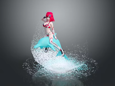 Woman with red hair wearing red white bikini headphones sitting on blue dolphin splashing water 3d model
