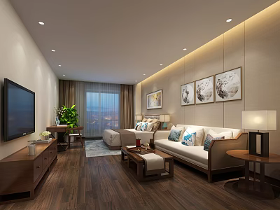 Modern Hotel Guest Room Interior With Comfortable Sofa TV Wooden Flooring And Decorative Paintings 3d model