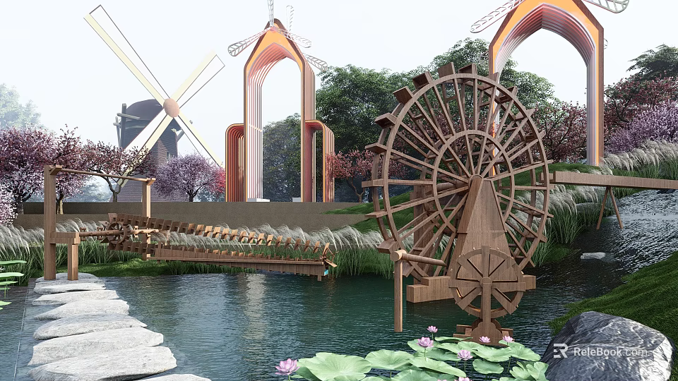 Wooden Waterwheel Sculpture in Park Setting With Pond Lotus Leaves Arched Structures And Windmill 3d model 