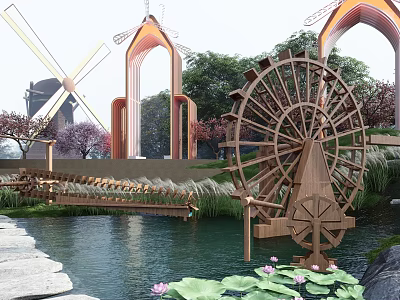 Wooden Waterwheel Sculpture in Park Setting With Pond Lotus Leaves Arched Structures And Windmill 3d model
